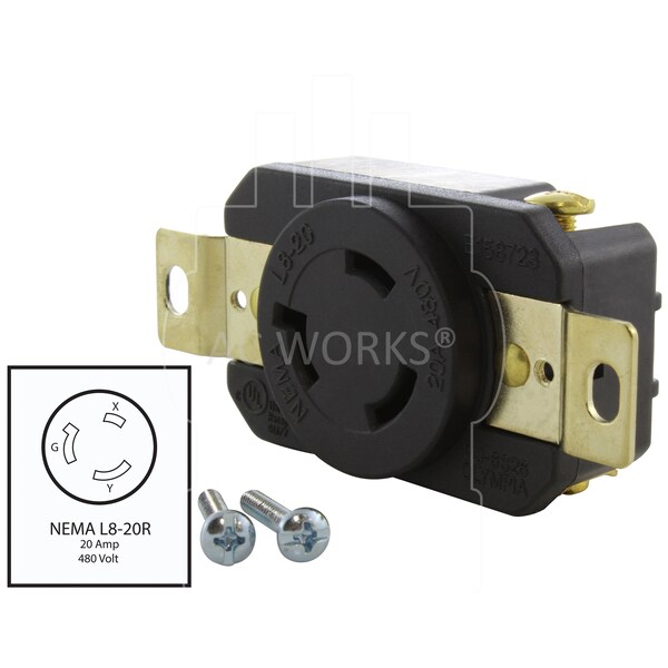 20A, 480V, NEMA L8-20R Flush Mount Locking Industrial Grade Receptacle